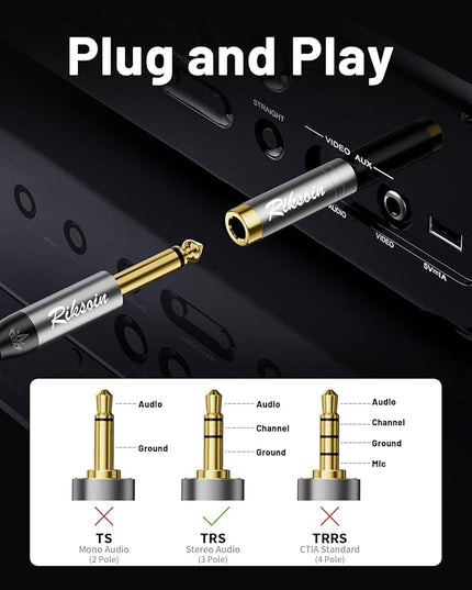 RIKSOIN 1/4'' to 3.5mm Stereo Pure Copper Headphone Adapter,3.5mm(1/8'') Plug Male to 6.35mm (1/4'') Jack Female Stereo Adapte for Headphone, Amp, Adapte,4-Pack