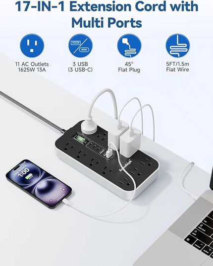 PD30W USB Extension Cord with Multiple Outlets- 5 FT USB Power Strip, 1625W AC Extension Cord with 11 AC Outlet 6 USB, Desk Charging Station for Home, Office, Dorm, Gaming Room Essentials