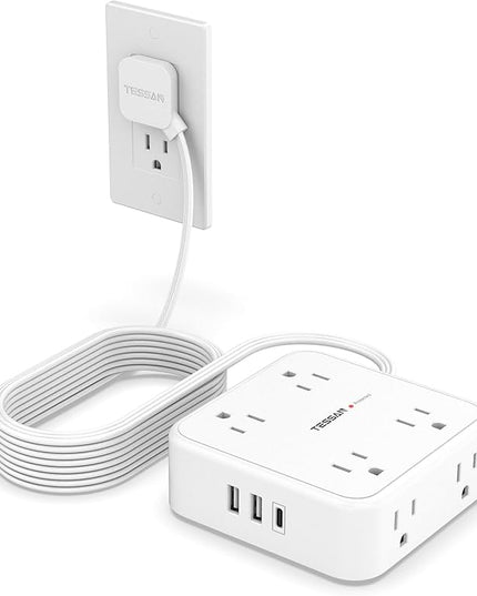 Surge Protector Power Strip, TESSAN 15 FT White Extension Cord Flat Plug with 8 AC Outlets 3 USB Ports (1 USB C), 900J Surge Protection, 3 Sided Wall Mountable Outlet Extender for Office Dorm Room