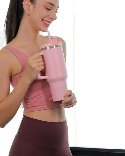 40oz Tumbler with Handle,Double Wall Vacuum Reusable Stainless Steel Insulated Water Bottle,With Leak Proof lid and Straw for Iced or Cold Beverages (light pink)