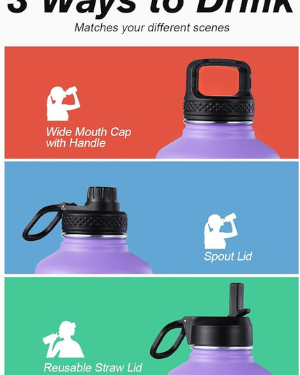 Coolflask Half Gallon Water Bottle Insulated with Straw & 3 Lids, 64 oz Water Jug Large Metal Stainless Steel Wide Mouth for Sports, Gym or Office, Non-BPA Keep Cold 48H Hot 24H, Purple Black