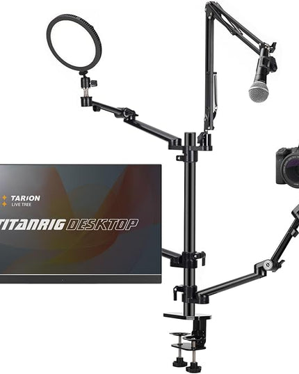 TARION Overhead Camera Desk Mount: 4-in-1 Heavy Duty Mount Set with 1 Mic Boom Stand + 3 Articulating Arms for DSLR Cameras Ring Light Monitor Laptop - Live Stream Stand TitanRig Desk