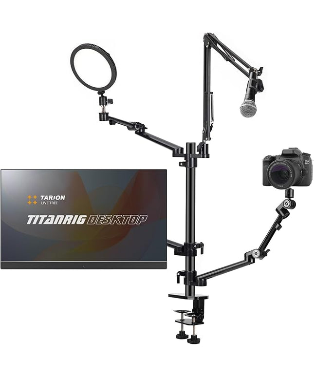 TARION Overhead Camera Desk Mount: 4-in-1 Heavy Duty Mount Set with 1 Mic Boom Stand + 3 Articulating Arms for DSLR Cameras Ring Light Monitor Laptop - Live Stream Stand TitanRig Desk