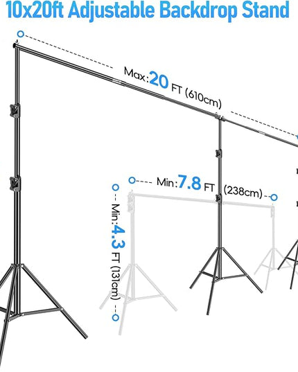 EMART Back Drop Adjustable Stand, 10x20 Backdrop Stand Heavy Duty Photography Background Support System Kit with 300° Angle Rotatable Connector and 8 Spring Clamps for Parties, Wedding, Photo Studio