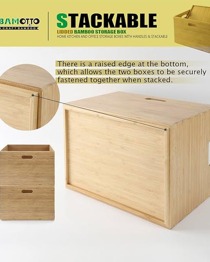 BAMOTTO Lidded Bamboo Storage Bins & Box/Cube/Basket, Home Kitchen and Office Storage Boxes with Handles & Stackable for Organizer Tableware, Crafts, Office Shelf Books, Large, 14.6”x10.2”x9.6”