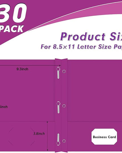 Two Pocket Folders, PANDRI 30 Pack Two Pocket Folders with Prongs, 3 Prong Folders Designed for Office and Classroom, Letter Size Purple