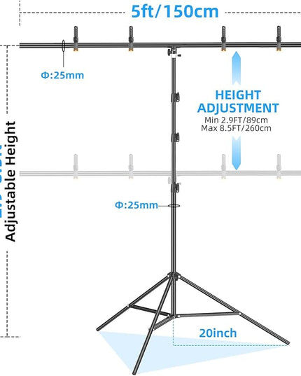 EMART 8.5 x 5ft Portable T-Shape Backdrop Stand Kit with Adjustable Frame, 4 Spring Clamps & Carry Bag for Parties, Photography, Video, and Studio Background Support