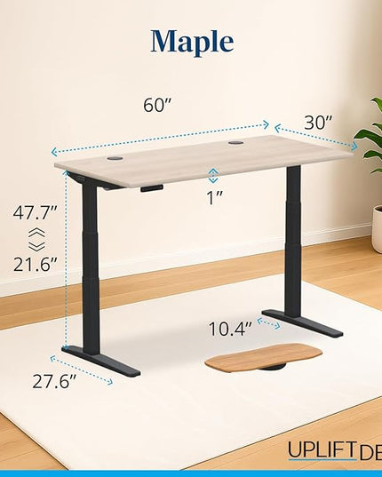 UPLIFTDESK V3 2-Leg Maple Laminate Wood Standing Desk – Adjustable Height, Advanced 1-Touch Memory Keypad, Under Desk Cable Management, Wire Grommets & Rocker Board (Black C-Frame, 60 x 30 inch)