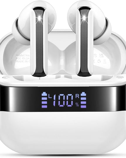 Wireless Earbuds, 2025 Bluetooth 5.4 Headphones Bass Stereo, Ear Buds with 4 Mics ENC Noise Cancelling, Bluetooth Earbuds 48H Playtime LED Display Charging Case, IP7 Waterproof in Ear Earphones white