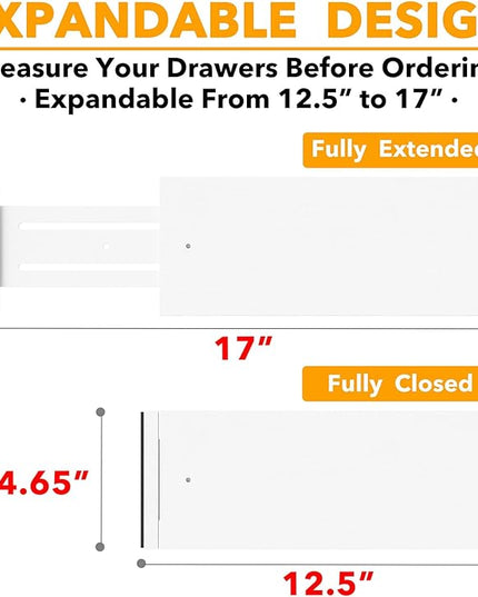 SpaceAid Bamboo 4 Pack Dresser Drawer Dividers, 4.65“ High Adjustable 12.5“-17” Drawer Organizers, Expandable Organization for Clothing, Clothes, Dressers, White