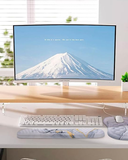 Mouse Pad Wrist Support, Laokiiy 2 in1 Keyboard Wrist Rest+ Ergonomic Mouse Pad, Non-Slip Wrist Rest for Computer Keyboard, Made Easy Typing & Relieve Wrist Pain(White Gold Gray Marble)
