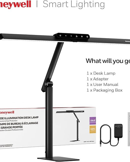 Honeywell LED Desk Lamp with Base - HJ1BK Sunturalux Eye-Caring Architect Desk Lamp for Home Office, 1200LM Computer Desk Light 4 Color Modes Stepless Dimming Task Desk Light with Timer Function Black