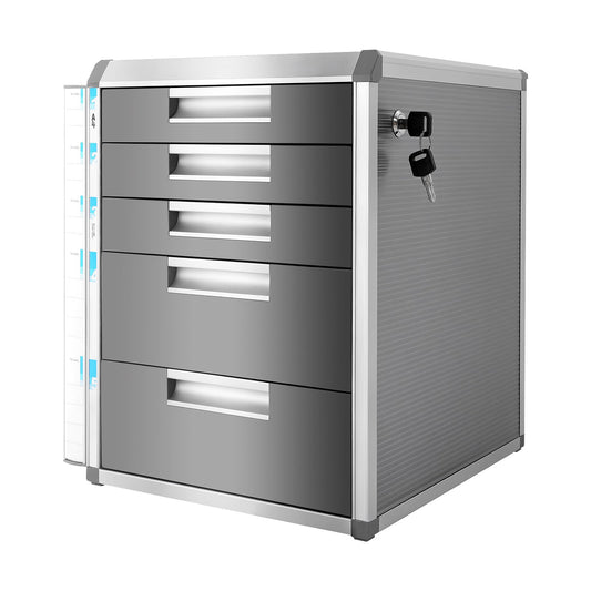 Unnsiapit Desk Organizer with 5 Drawers, Metal Desktop Storage Cabinet File Holder with Locks and Keys, Filing Case Literature Organizer for Office Home, L12.4*D13.8*H16in, Silver & Grey