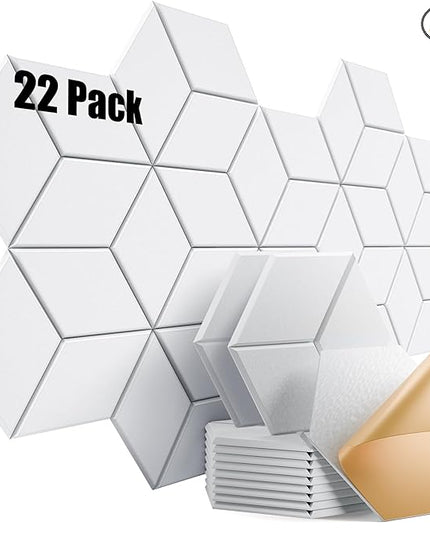 22 Pack Self-Adhesive Acoustic Panels 12" X 10" X 0.4" - Sound Proof Foam Panels with High Density, Fashionable Y-Lined Design, Absorb Noise and Eliminate Echoes(White)