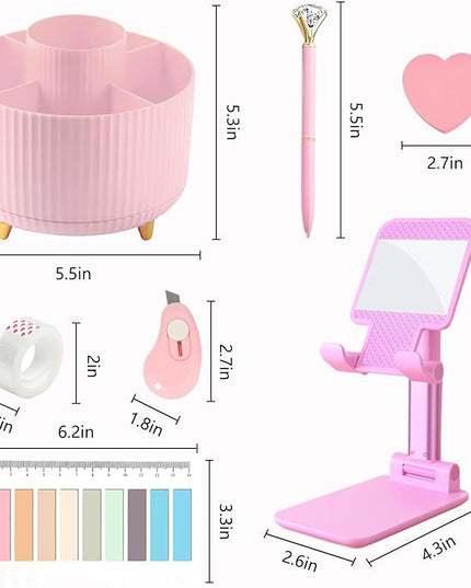 Office Supplies,Desk Accessories,with Stapler,Tape Dispenser,Staple Remover,Scissor,Ballpoint Pen,Sticky Notes,Clear Tape,Staples,Desk Organizer,Phone Stand,Binder,Index Tabs,Best gift set(Pink)