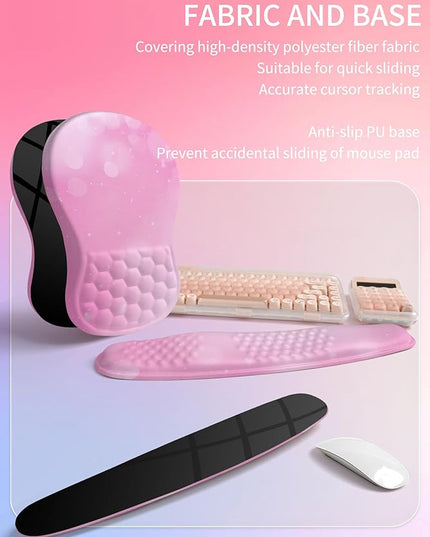 Hokafenle 2in1 Combination, Wave Keyboard Wrist Rest and Ergonomic Curvature Mouse Pad Wrist Support for Relieve Wrist Pain, Filled with Soft Cushion Memory Foam, Romantic Pink