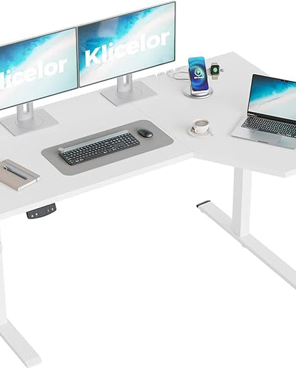 Klicelor 55 Inch L Shaped Standing Desk, Adjustable Height Corner Desk for Home Office Workstation, Sit Stand Desk with Two-Piece Desktop, White