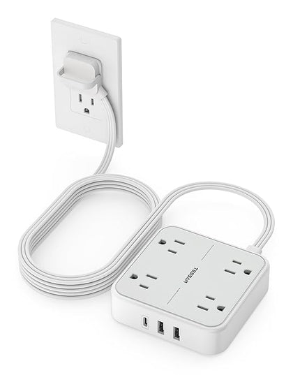 Surge Protector Power Strip, TESSAN Ring Pull Flat Plug Extension Cord 10 Ft with 3 USB (1 USB C) 4 Outlets, 900 Joules Protection, Desktop Charging Station for Home, Office, College, Dorm Room, Gray