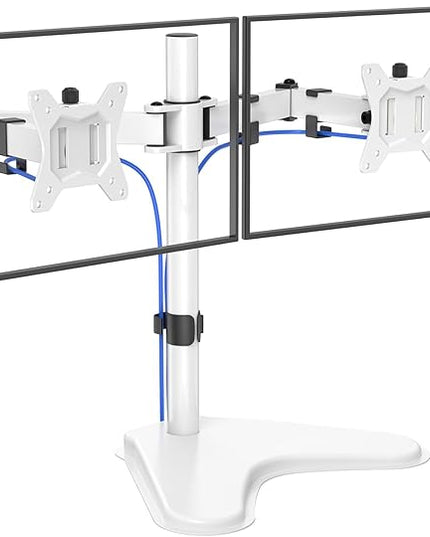 HUANUO 32 inches Dual Monitor Stand up to 17.6lbs, High-Grade Aluminum Free-Standing Dual Monitors Mount for 2 Screens. Fully Adjustable Dual Monitor Stand for Desk with Tilt, Swivel, Rotation, White