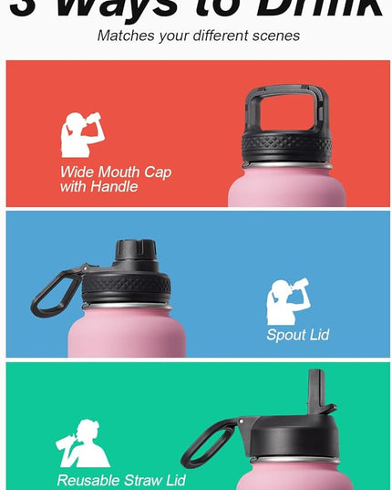 40 oz Insulated Water Bottle with Straw&3 Lids, Coolflask Stainless Steel Metal flask Wide Mouth for Sports or Office, Non-BPA Keep Cold Up to 48 Hrs or Hot Up to 24 Hrs, Bubblegum Princess