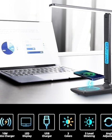 IHAO Multi-Functional Desk Lamp 10W Qi Wireless Charger 3 Color Modes 5 Brightness Levels Eye-Caring LED Light Faux Leather Finish Calendar Temperature Display Office Table Lamp TX26 Black