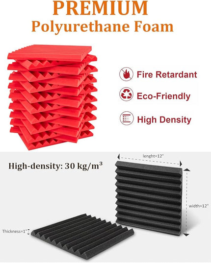 Acoustic Foams Panels 48 Pack 1" x 12"x 12" Sound Proof Foam Panels for Walls High Density and Fire Resistant Soundproofing Panels Soundproof Studio Wedges Sound Dampening Panels Black Red