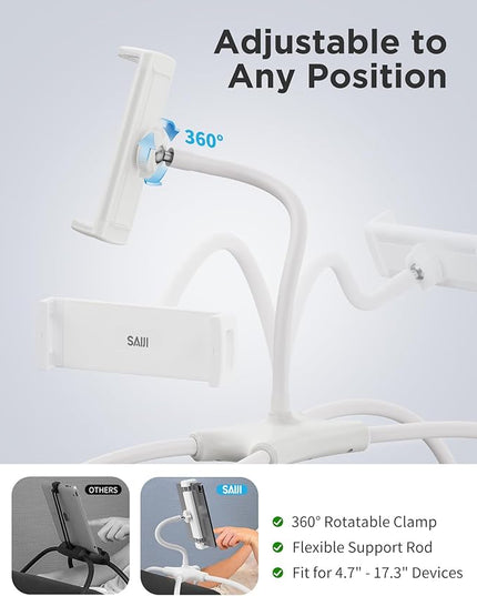 SAIJI iPad Stand, Adjustable Ergonomic Tablet Holder for Bed, Kindle Stand for Reading in Bed Fit for Tablet, Phone, Kindle, Portable Monitor, Switch and More 4.7"-17.3" Devices (White)