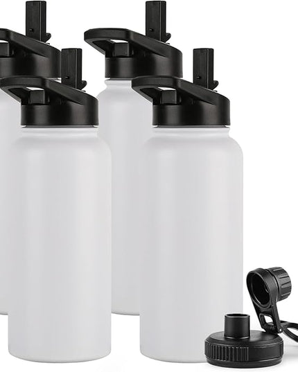 DOMICARE 32 oz Insulated Water Bottle Bulk, Vacuum Insulated Stainless Steel Sports Water Bottle with Straw Lid & Spout Lid, Leakproof, Reusable - Travel, Camping, Bike, White (4 Pack)