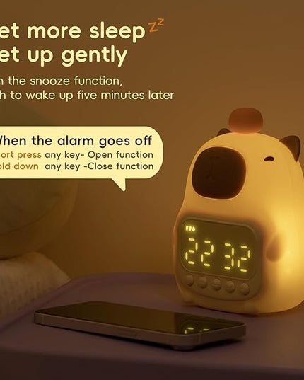 Capybara Alarm Clock with Night Light for Kids, Cute Toddler Alarm Clocks for Bedrooms Ok to Wake Clocks for Girls and Boys, Silicone Animal Tabletop Lamp for Kid, RGB Color