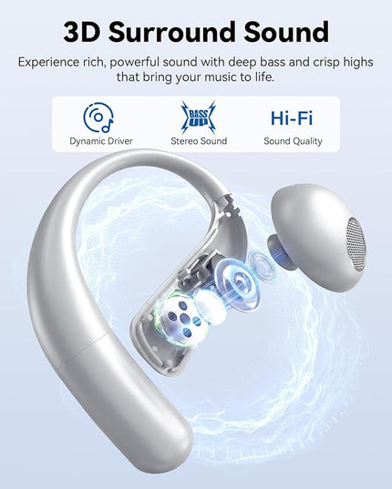 Wentronic Open Ear Headphones, Wireless Earbuds Bluetooth 5.4 with Digital Display, Secure Earhook, 48H Playtime, Enhanced Sound, Clear Calls, IP55 Waterproof Ultra-Light Sports Headphones - Silver