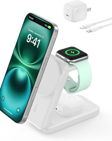 Belkin MagSafe Charger Compatible, 3-in-1 Charging Station, Qi2.2 25W Magnetic Wireless Charger Dock, Foldable Charging Stand for iPhone 17/16/15, Apple Watch, AirPods, Pixel 10 (45W Adapter Included)