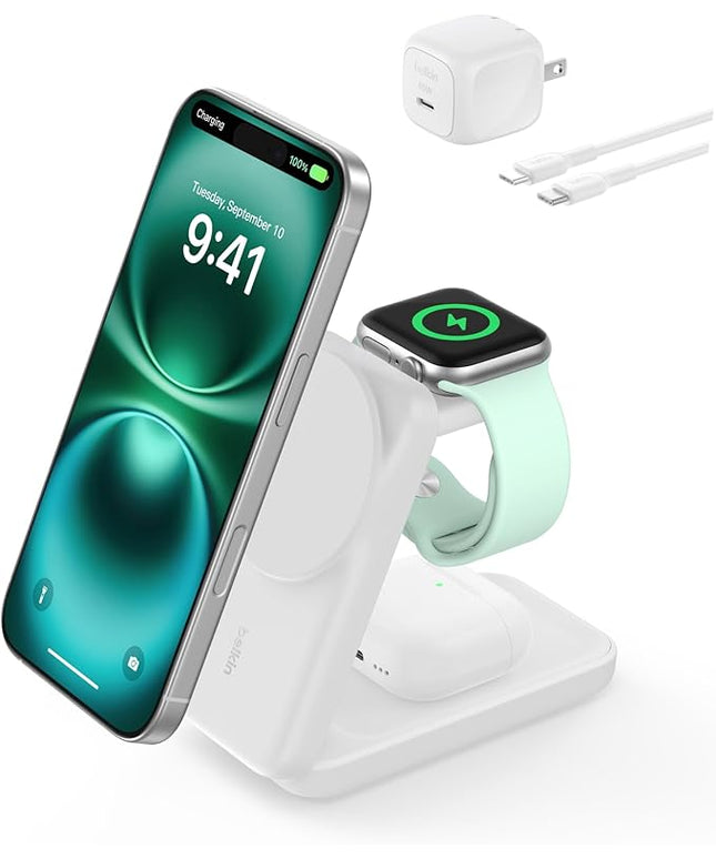 Belkin MagSafe Charger Compatible, 3-in-1 Charging Station, Qi2.2 25W Magnetic Wireless Charger Dock, Foldable Charging Stand for iPhone 17/16/15, Apple Watch, AirPods, Pixel 10 (45W Adapter Included)