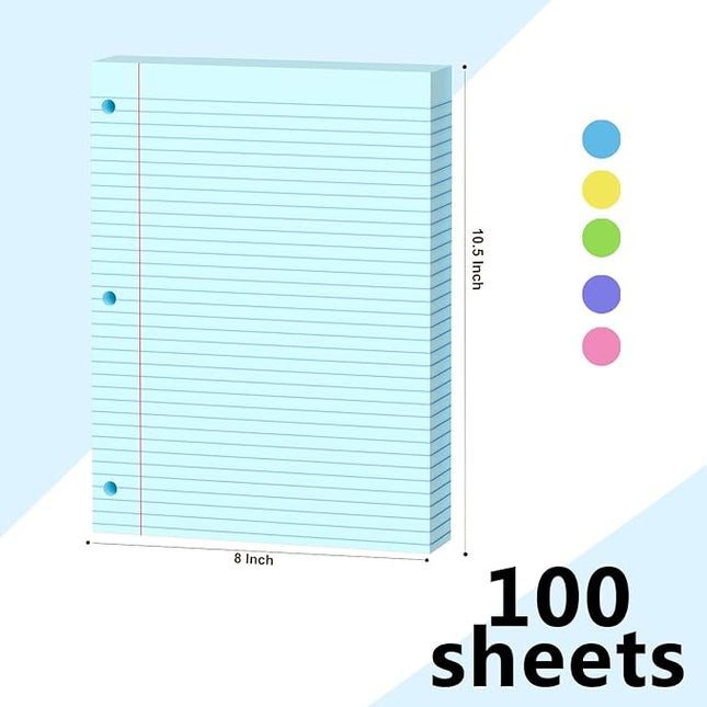 Blue Loose Leaf Paper 100 Sheets Colored Filler Paper 8 * 10.5 College Ruled 3-Hole Punched Paper for 3-Ring Binders Notebook Lined 8" x 10.5"