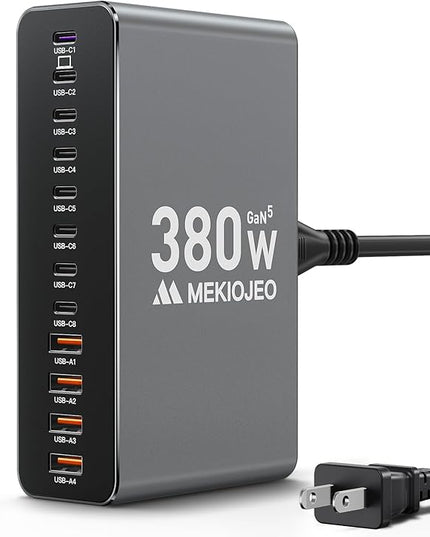 Aluminum Alloy 380W Charging Station Fast USB C Charger Block 12 Ports 65W Laptop GaN Charger for MacBook Pro/Air/iPad Pro/iPhone (Gray)