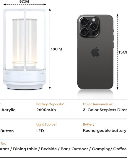 Portable Metal Table Lamp for Indoor/Outdoor ,Rechargeable Cordless LED Lamp, 3-Colour Infinitely Dimming Battery Powered Small Desk Lamp, Restaurant/Bedroom/Bar/Coffee/Camping Light (White Set of 2)