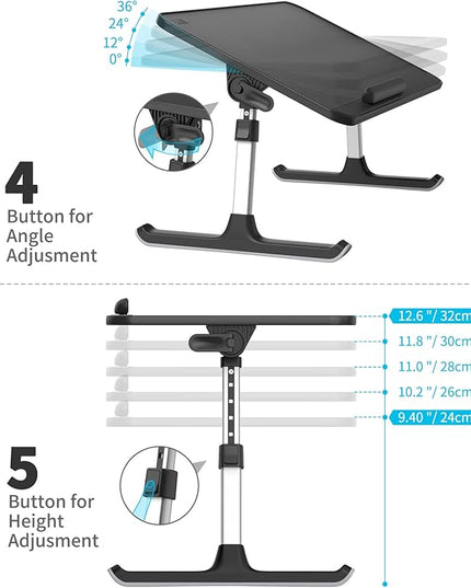 SAIJI Leather Laptop Bed Tray Table, Adjustable Laptop Stand with Removable Stopper, Portable Lap Desks with Foldable Legs, Notebook Stand Breakfast Reading Desk for Sofa Couch((Medium, Black)