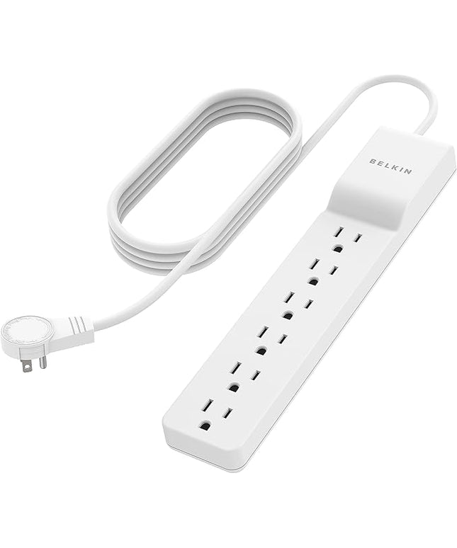 Belkin Surge Protector Power Strip - 6 AC Multiple Outlets - Flat Rotating Plug, 8ft Long Heavy-Duty Extension Cord for Home, Office, Travel, Computer Desktop & Charging Brick - White (720 Joules)