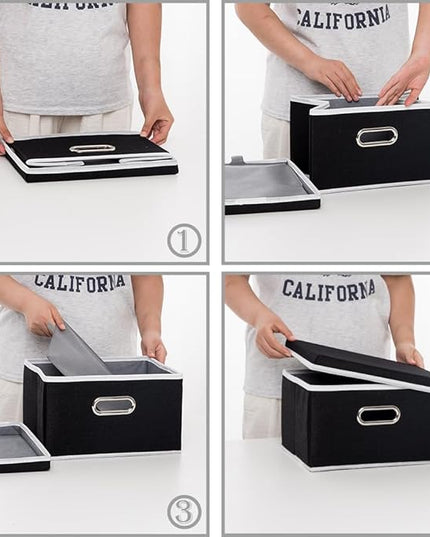 PRANDOM Storage Boxes with Lids [3-Pack] Fabric Collapsible Storage Bins Organizer Containers Baskets Cube with Cover for Home Bedroom Closet Office Nursery Black（11.4X8.6X6.7