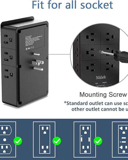 Surge Protector Nikleb, Wall Outlet with 4 USB Ports 5V 4.8A Total, 12 Multi Outlet Extender, Multiple USB Plug Adapter Wall Mount, Phone Chargier Organizer with Phone Holder, Heavy Duty