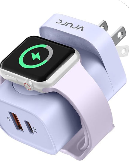 VRURC Charger for iPhone & Apple Watch, 20W USB C Fast Charging Block, 3-in-1 Compact Travel Adapter with 2 Port for iPhone 17/16/15/14/13, Wireless Magnetic for iWatch SE/11/10/9/8/7/6/5/4-Purple