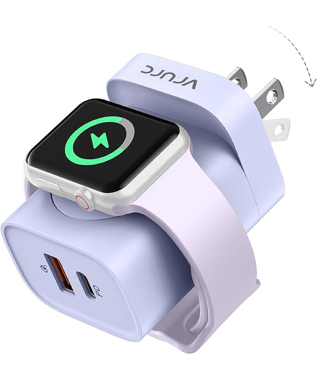VRURC Charger for iPhone & Apple Watch, 20W USB C Fast Charging Block, 3-in-1 Compact Travel Adapter with 2 Port for iPhone 17/16/15/14/13, Wireless Magnetic for iWatch SE/11/10/9/8/7/6/5/4-Purple