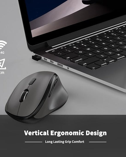 Ergonomic Wireless Mouse with USB Receiver for PC Computer, Laptop and Desktop, Ergo Vertical Mouse with Silent Clicks Long Battery Life, Up to 1600 DPI & 1 AA Battery Powered, Grey