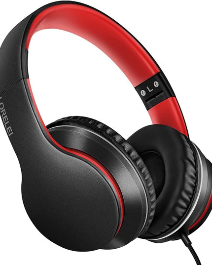 LORELEI X6 Over-Ear Headphones with Microphone, Lightweight Foldable & Portable Stereo Bass Headphones with 1.45M No-Tangle,Wired Headphones for Smartphone Tablet MP3 / 4 (Black-Red)