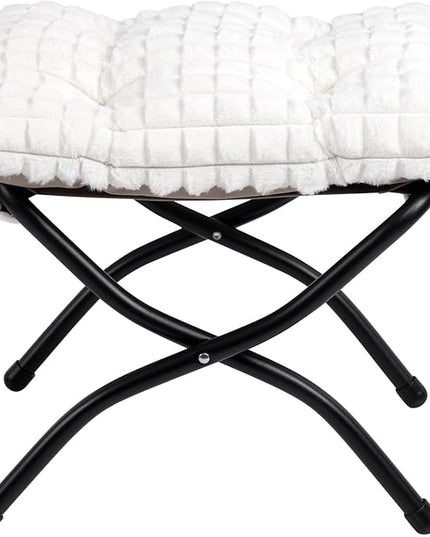 HollyHOME 15"(H) Folding Footrest Stool, Upholstered Small Foldable Ottoman, Accent Padded Sofa Foot Stool for Lazy Chair, Metal Portable Foot Rest Ottoman for Living Room, Bedroom, Faux-Fur White