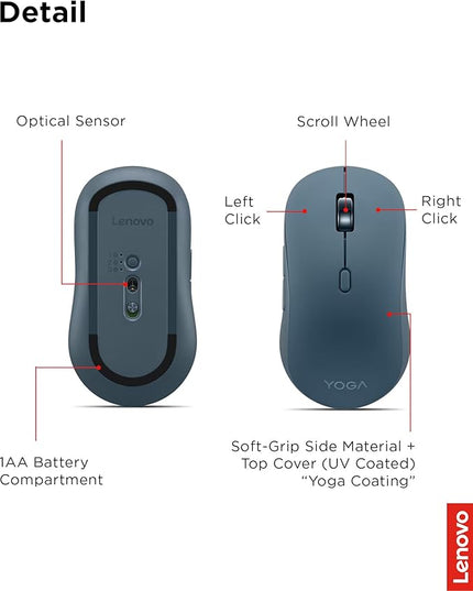 Lenovo Yoga Bluetooth Silent Mouse, 3 Level DPI Adjustment, 36 Month Battery Life, Bluetooth 5.3, 3 Device Paring, Whisper Quiet, Programmable Buttons, Smooth Finish, Tidal Teal