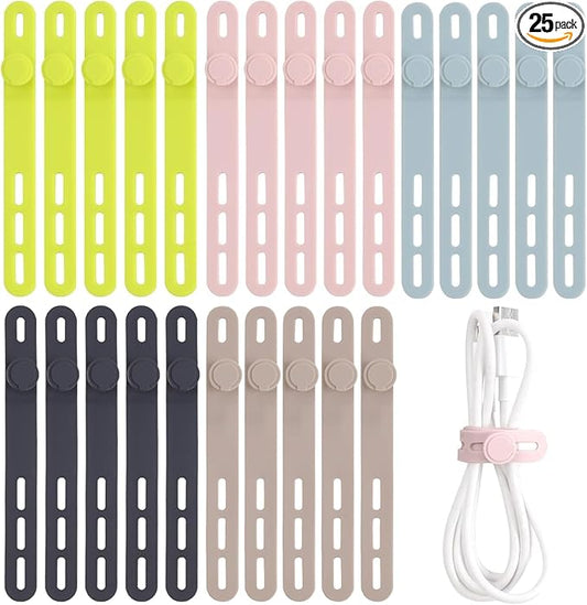 Oligei 25 Pcs Silicone Cable Ties, Cable Ties Reusable, High Elasticity Cord Wraps for Electrical Cords, Cord Organizer for Earphone, Phone Charger(Colorful)