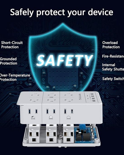 Multi Plug Outlet Surge Protector Nikleb, 12 Electrical Outlets Extender with 4 USB Charging Ports Total 4.8A, Wall Plug Expander 3 Prong for Room, Office, Gaming, Cord Organizer Accessories