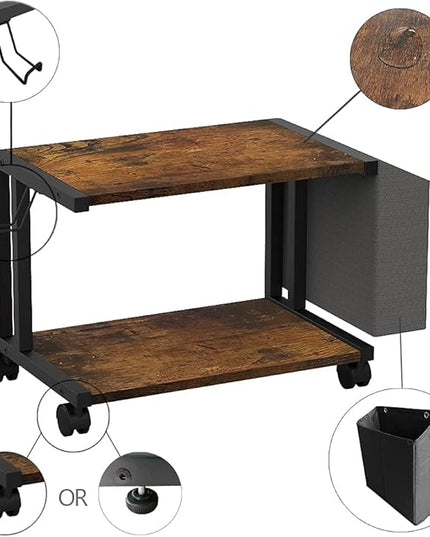 VEDECASA 2 Tier Rustic Brown Wooden Under Desk Printer Stand with Storage Bag for Home Office Desktop Printer Table Organizer Mobile Printer Shelf Cart with Caster Wheel