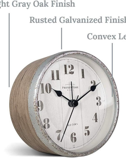 Presentime & Co 4" Farmhouse Tabletop Alarm Mantel Clock, Desk and Shelf Clock, Silent no Ticking, Light Grey Oak and Rusted Galvanized Finish. Tabletop Décor, Home Décor, Farmhouse Décor