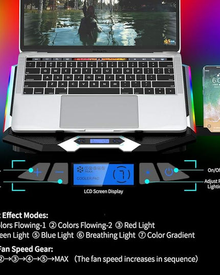 ICE COOREL Gaming Laptop Cooling Pad 15-17.3 Inch, Laptop Fan with 6 RGB Cooling Fans, Laptop Cooling Stand with 6 Height Adjustable, Laptop Cooler with LCD Screen, 2 USB Ports, Phone Stand